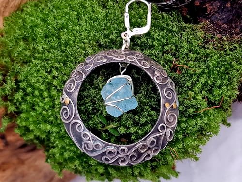 Magische Aquamarin Kristall Ohrhänger aus 925er Silber mit Feingold Elementen, baumelnd, teilgeschwärzt, Mystisch, Zauberhaft, Unikat, Handarbeit