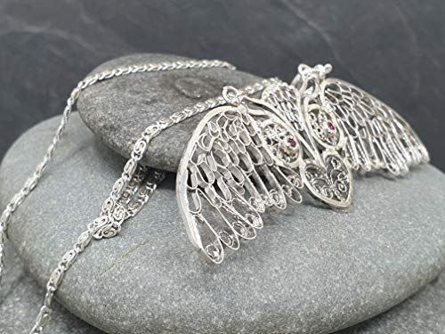 LeoLars-PABE Filigree Anhänger aus 925er Silber Eule, 50cm Silberkette, 2 Rhodolite, Unikat, Handarbeit
