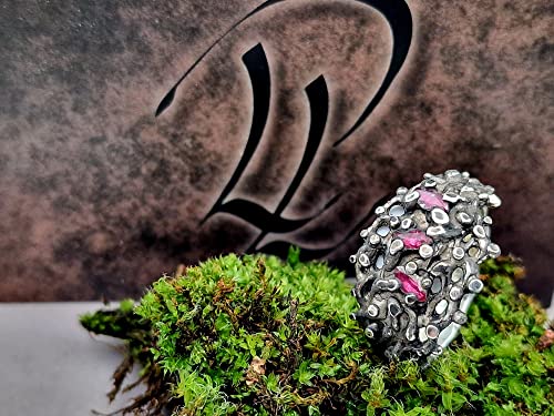 LeoLars-PABE Rubin Design Ring, Gr. 60, aus 925er Silber mit eingegossenen Rubin Navetten, geschwärzt, organisch, wild, Unikat, Handarbeit