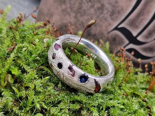 LeoLars-PABE Bunter Sandguss Design Ring, Gr.54 (17,2), aus 925er Silber mit verschieden farbigen echten eingegossenen Edelsteinen, Unikat, Handarbeit