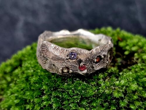 LeoLars-PABE Felsenlook Design Ring, Gr.65, aus 925er Silber mit Rubin und verschieden farbigen Saphiren, teilgeschwärzt, massiv, Unikat, Handarbeit