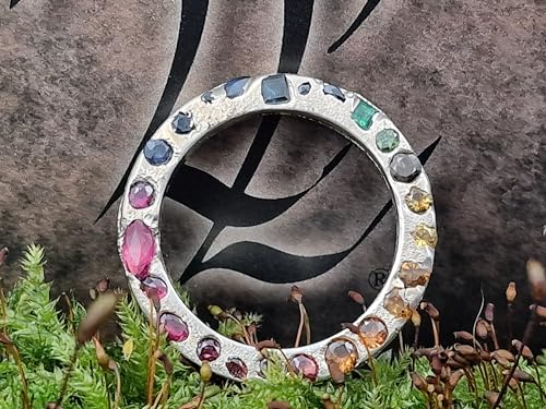 LeoLars-PABE Regenbogen Sandguss Design Ring, Gr.59 (18,7) aus 925er Silber mit eingegossenen echten bunten Edelsteinen, Vorsteckring, Anhänger, Unikat, Handarbeit