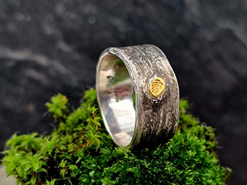 LeoLars-PABE Design Ring Bambus aus 925er Silber, Gr. 60, mit Feingoldblatt , aus echten Bambusblättern, teilgeschwärzt, Unikat, Handarbeit