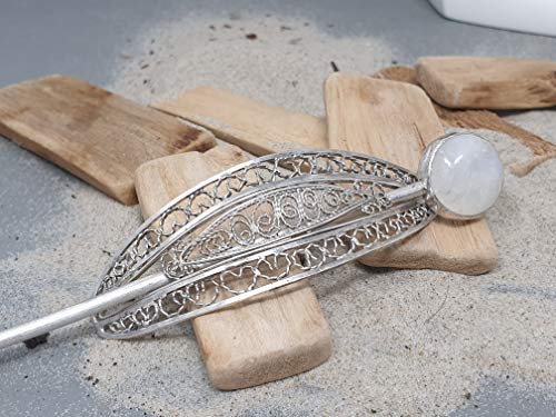 Haarnadel, Fibel aus 925er Silber mit weißem Labradorit in Filigree, Filigran, Unikat, Handarbeit