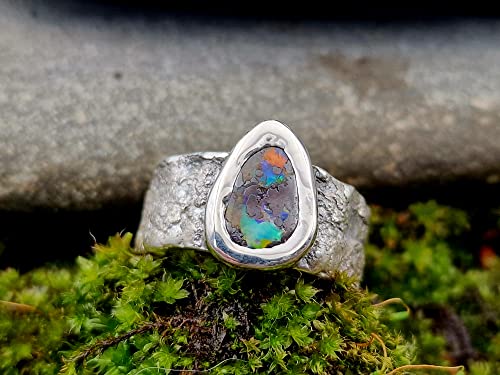 LeoLars-PABE Structure Design Stein Ring mit Boulder Opal aus 925er Silber, Gr.56, Opalflash mehrfarbig, Opal 11x7.3mm, Unikat, Handarbeit