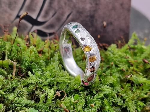 LeoLars-PABE Geschwungener Sandguss Design Ring, Gr.57 (18,2), aus 925er Silber mit eingegossenen bunten echten Edelsteinen, Unikat, Handarbeit