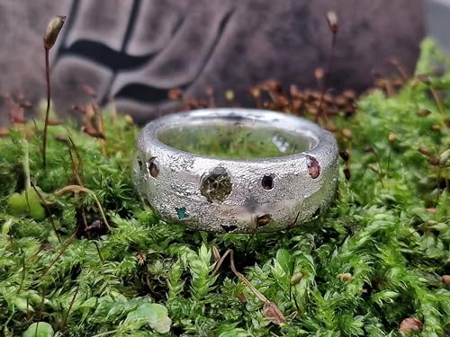 LeoLars-PABE Design Sandguss Ring, Gr.55 (17,5), aus 925er Silber mit verschiedenen echten eingegossenen Edelsteinen, Handarbeit, Unikat