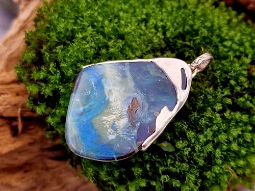 LeoLars-PABE Design Anhänger Picture Stone Boulder Opal aus 925er Silber, Meereslandschaft von oben, mit grün-blauen Opalfeuer, Opal 32x23,7mm, Unikat, Handarbeit