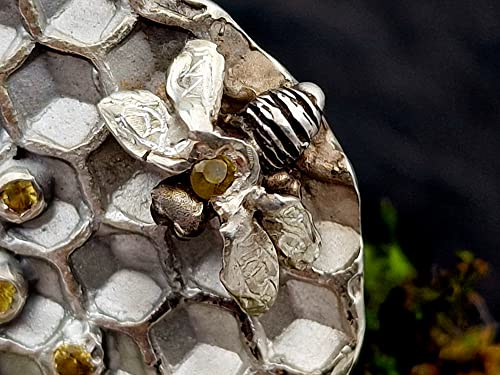 LeoLars-PABE Bienen Design Ring mit Wabe und Citrinen, Gr.58-59, aus 925er Silber, Gelb, Honig, Biene, mit Pampasgrasstruktur, Unikat, Handarbeit
