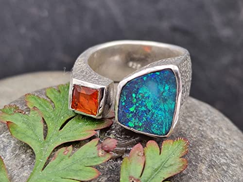 LeoLars-PABE Schwarzer Opal und Feueropal Design Ring, Gr.57-58, aus 925er Silber, oben offen, eismattiert, Unikat, Handarbeit