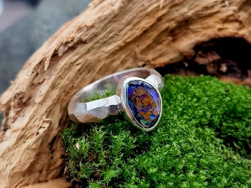 LeoLars-PABE Boulder Opal Design Ring, Gr. 61, aus 925er Silber, grob geschliffen, seidenmatt, Opal mit grün-blauen Opaladern, Unikat, Handarbeit