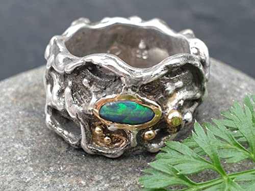LeoLars-PABE Organic Design Schwarzer Opal Ring, Gr.49, aus 925er Silber mit Goldakzenten, Unikat, Handarbeit