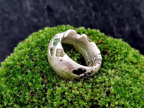 LeoLars-PABE Sandguss Design Ring, Gr. 55, aus 925er Silber, massiv, mit eingegossenen Granat, Peridot, Smaragd und Saphir, Unikat, Handarbeit
