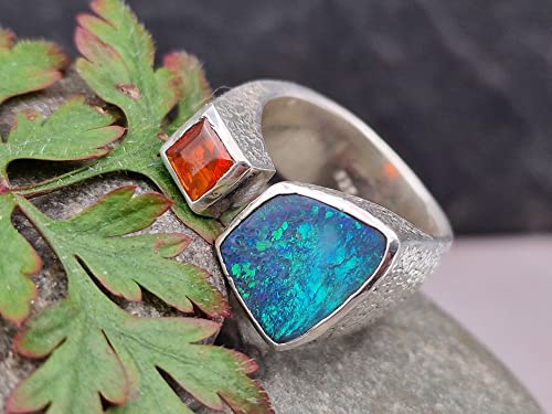 LeoLars-PABE Schwarzer Opal und Feueropal Design Ring, Gr.57-58, aus 925er Silber, oben offen, eismattiert, Unikat, Handarbeit