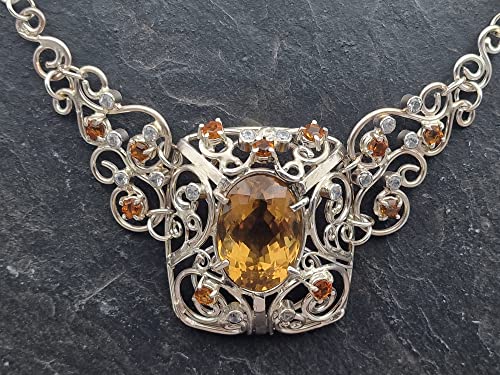 LeoLars-PABE Majestätisches Citrin - Bergkristall Collier aus 925er Silber, handgefertigte Kette, Groß, Statement, Königlich, aufwendig, leicht, Unikat, Handarbeit