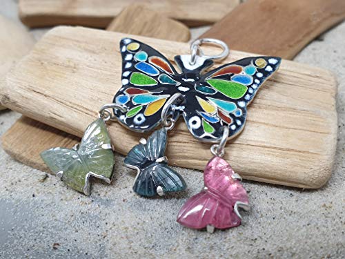 LeoLars-PABE Emaille Schmetterling mit 3 Turmalin Schmetterlingen aus 925er Silber als Anhänger, Unikat, Handarbeit