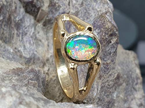 LeoLars-PABE Lightning Ridge Multicolor Chrystal GEM Opal Design Ring, Gr. 58, 750er Gold, Unikat, Handarbeit