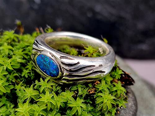 LeoLars-PABE Schwarzer Opal Wellen Design Ring, Gr.58, aus 925er Silber, Opal grün-blaues Opalfeuer, teilgeschwärzt, massiv, Unikat, Handarbeit