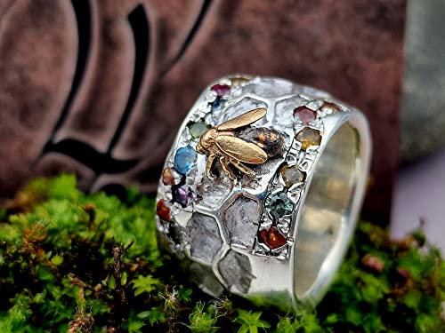 LeoLars-PABE Design Ring Biene auf Blumenwiese, Gr. 63, aus 925er Silber, Biene aus 585er Gold, Bienenwaben Struktur, verschiedene Edelsteine, Unikat, Handarbeit
