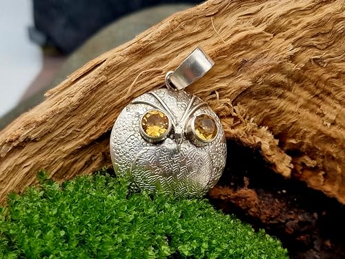 LeoLars-PABE Anhänger Erdbeereule Heiderose aus 925er Silber mit Citrinen als Augen, Anhänger 28mm, Unikat, Handarbeit
