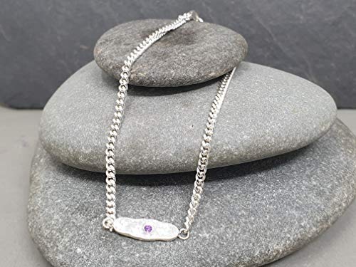 925er Silber Armband mit Pfötchen und Amethyst, 23,5cm Panzerkette, Unikat, Handarbeit