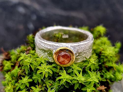 LeoLars-PABE Sonnenstein Ring im Rosenschliff, Gr.56, aus 925er Silber mit Feingoldfassung, Oberfläche Sepiaguss, Unikat, Handarbeit