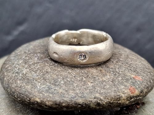 LeoLars-PABE Weißer Topas Sandguss Ring, Gr. 54 (17,2), aus 925er Silber mit Sandguss typischer Oberfläche, Topas rund facettiert, Unikat, Handarbeit