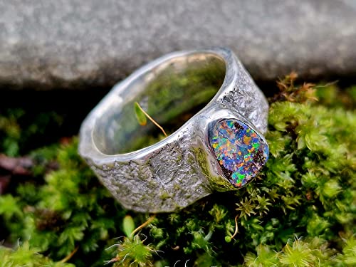 LeoLars-PABE Boulder Opal Design Ring, Gr.60, Structure Design Stone, Stein, aus 925er Silber, Multicolor Opal 8.3x8mm, Unikat, Handarbeit