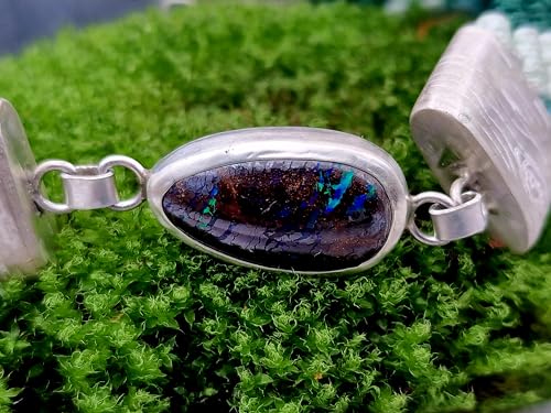 LeoLars-PABE Boulder Opal Makramee Armband aus 925er Silber mit handgefertigten Endkappen, 16-20cm, Opal mit mehrfarbigen Pinfire, Unikat, Handarbeit