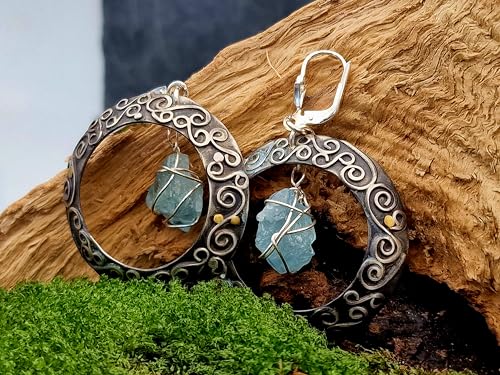 Magische Aquamarin Kristall Ohrhänger aus 925er Silber mit Feingold Elementen, baumelnd, teilgeschwärzt, Mystisch, Zauberhaft, Unikat, Handarbeit