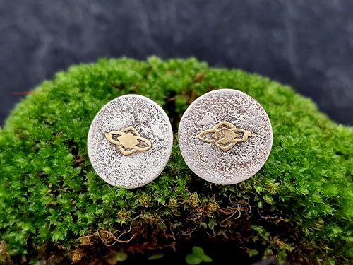 Design Ohrstecker aus 925er Silber mit feiner wilder Oberflächen Struktur Und Gelbgold Elementen, Unikat, Handarbeit