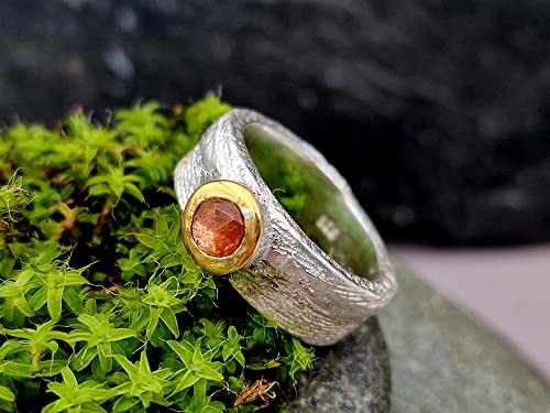LeoLars-PABE Sonnenstein Ring im Rosenschliff, Gr.56, aus 925er Silber mit Feingoldfassung, Oberfläche Sepiaguss, Unikat, Handarbeit