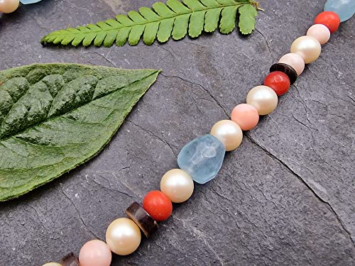 LeoLars-PABE 42cm Perlen und Aquamarin Kette, Mittelmeer Koralle, Süßwasserperlen, Rhodochrosit, Aquamarin, Muscheln, Unikat, Handarbeit