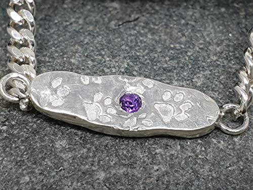 925er Silber Armband mit Pfötchen und Amethyst, 23,5cm Panzerkette, Unikat, Handarbeit