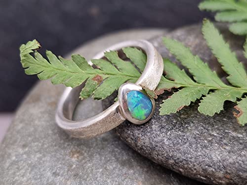 LeoLars-PABE Lightning Ridge Opal Ring, Gr.60 (19), aus 925er Silber, Opal Tropfen grün-blau, gebürstet, Unikat, Handarbeit