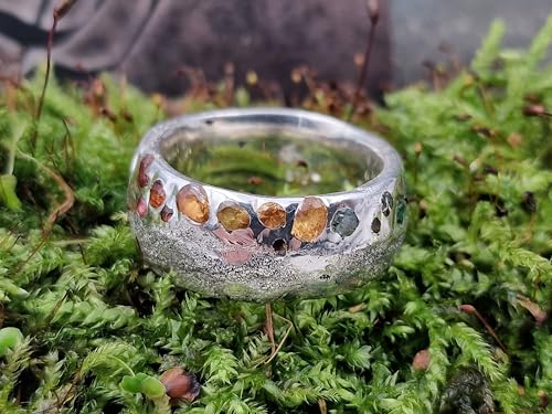 LeoLars-PABE Sandguss Design regenbogen Ring, Gr. 62-63 (19,9), mit eingegossenen echten bunten Edelsteinen aus 925er Silber, Handarbeit, Unikat