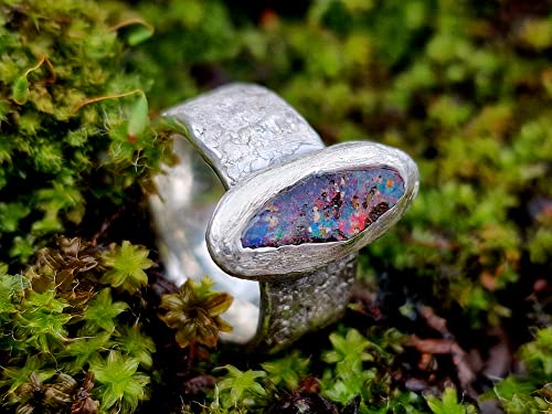 LeoLars-PABE Boulder Opal Structure Design Ring, Gr.52, aus 925er Silber mit Stein Struktur, Opal mehrfarbig 14.5x6.5mm, Unikat, Handarbeit