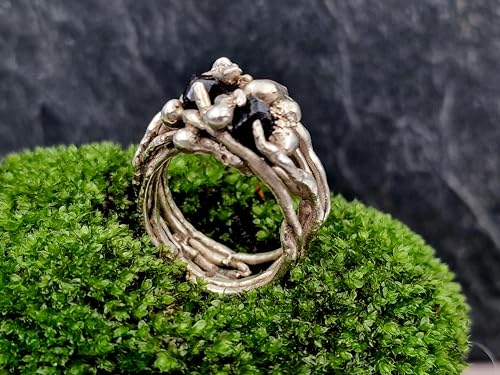 LeoLars-PABE Algen Design Ring, Gr.63 (20,2), aus 925er Silber mit zwei fast schwarzen Spinellen, eingewachcsen, organisch, natürlich, Unikat, Handarbeit