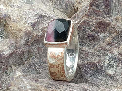 LeoLars-PABE Mokume Gane Silber-Kupfer Ring, Gr.52 mit zweifarbigem Turmalin, Unikat, Handgeschmiedet