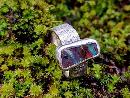 LeoLars-PABE Design Ring im Structure Design Stein mit Boulder Opal mit bunten Opalfeuer Streifen, Gr.61, Opal 16.3x7.1mm, Unikat, Handarbeit