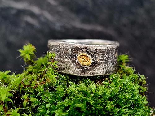 LeoLars-PABE Design Ring Bambus aus 925er Silber, Gr. 60, mit Feingoldblatt , aus echten Bambusblättern, teilgeschwärzt, Unikat, Handarbeit