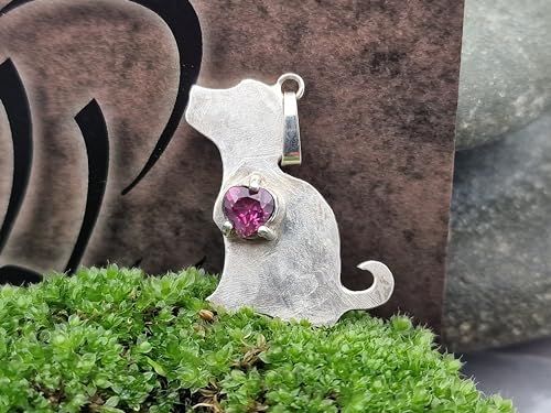 LeoLars-PABE Hundewelpen Anhänger aus 925er Silber mit rosa Turmalin Herz, seidenmatt, Hund, Handarbeit