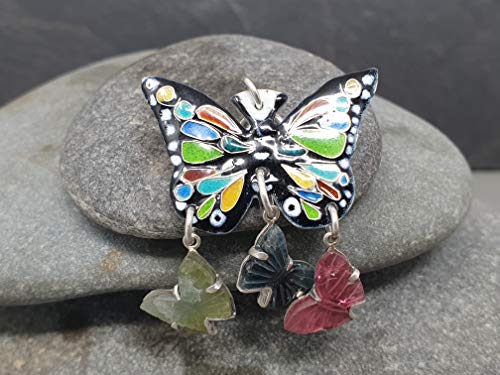 LeoLars-PABE Emaille Schmetterling mit 3 Turmalin Schmetterlingen aus 925er Silber als Anhänger, Unikat, Handarbeit