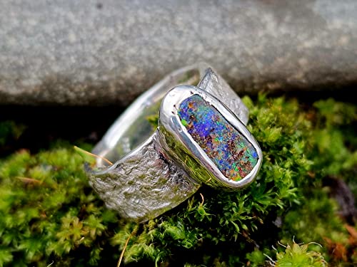 LeoLars-PABE Design Ring mit Boulder Opal aus 925er Silber, Ringschiene mit Stein Struktur, Gr. 57-58, Opal 13.4x6.1mm, Unikat, Handarbeit