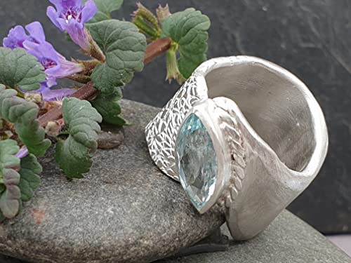 LeoLars-PABE Aquamarin Design Ring, Gr.58 (18.5), aus 925er Silber, Navette, Ring massiv, teil Strukturiert, Unikat, Handarbeit