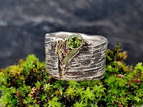 LeoLars-PABE Peridot Design Ring, Gr.56, aus 925er Silber 585er Goldfassung und Gold Akzenten, echte Pampasgrasstruktur, teilgeschwärzt, Unikat, Handarbeit