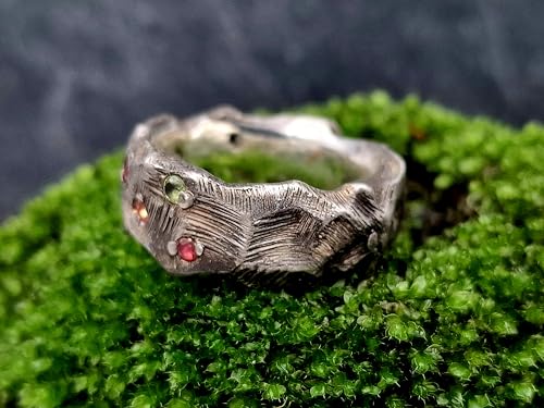 LeoLars-PABE Felsenlook Design Ring, Gr.65, aus 925er Silber mit Rubin und verschieden farbigen Saphiren, teilgeschwärzt, massiv, Unikat, Handarbeit