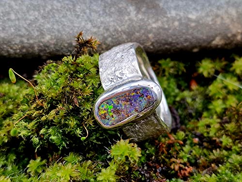 LeoLars-PABE Design Ring mit Boulder Opal aus 925er Silber, Ringschiene mit Stein Struktur, Gr. 57-58, Opal 13.4x6.1mm, Unikat, Handarbeit