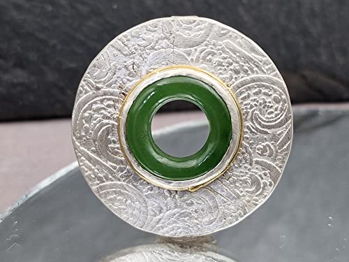 LeoLars-PABE Jade Ring Design Anhänger aus 925er Silber mit Feingold Ring um die Fassung, geprägt, versteckte Öse, Unikat, Handarbeit