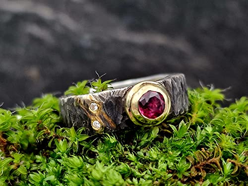 LeoLars-PABE Rubin Design Ring, Gr.55-56, aus 925er Silber mit Goldfassung und zwei Diamanten, teilgeschwärzt, Unikat, Handarbeit